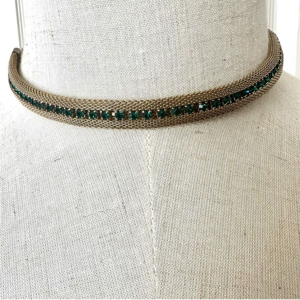 Gold tone green rhinestone choker necklace